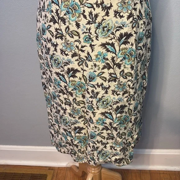 Helen Cherry Silk Dress Blue Brown Floral Side Slit Size 12 - Picture 3 of 13